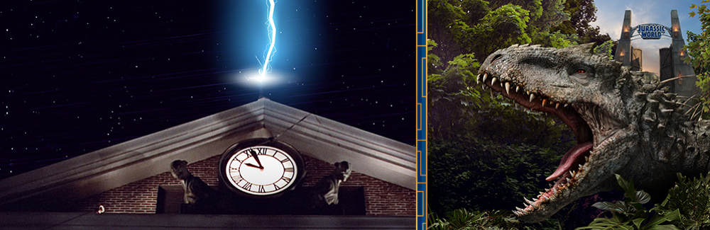 Lightning strikes the illuminated clocktower from Back to the Future. An Indominus rex roars amidst foliage with the Jurassic World arches above.